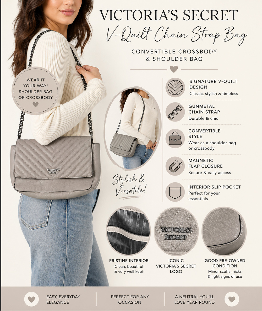 Victoria's Secret Gray V-Quilt Convertible Chain Crossbody Shoulder Bag